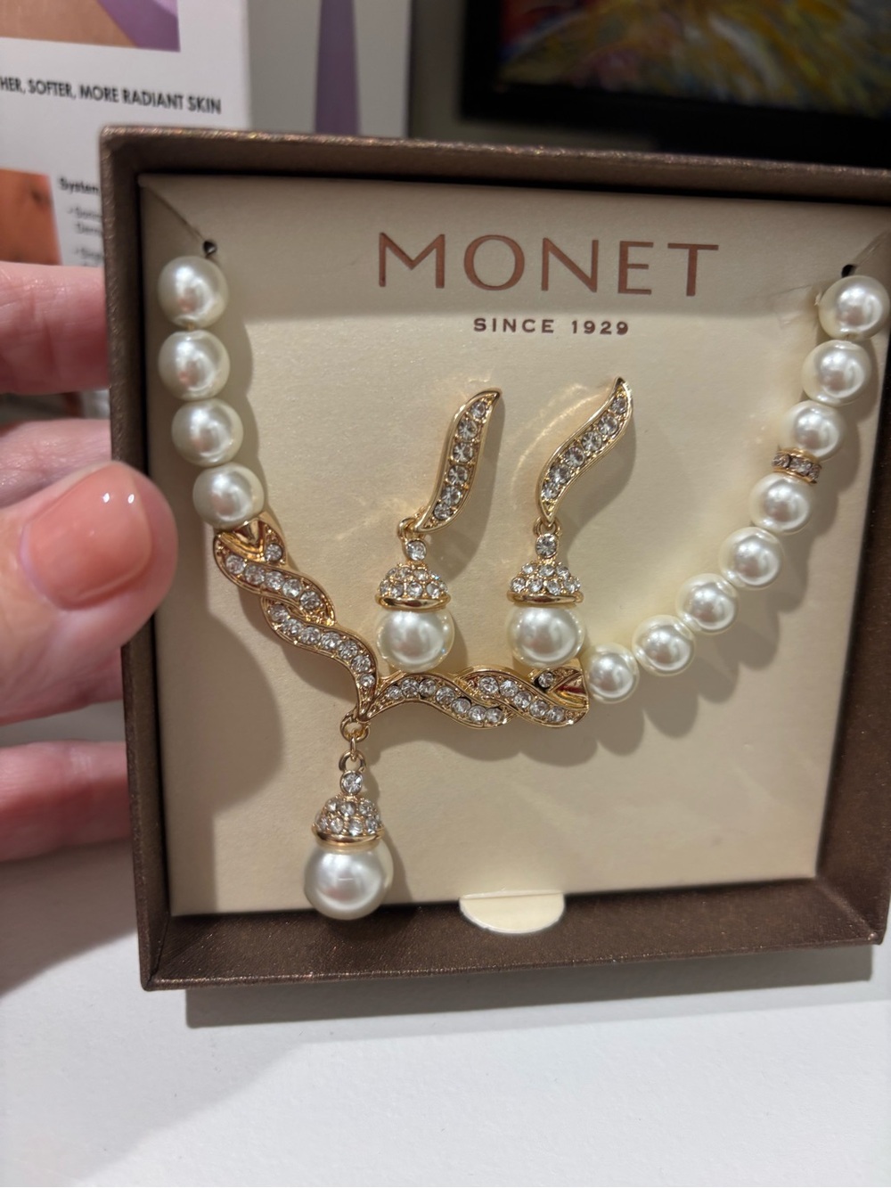 Monet Gold-Tone Pearl and Crystal Pendant Necklace and Earrings - White Pearls